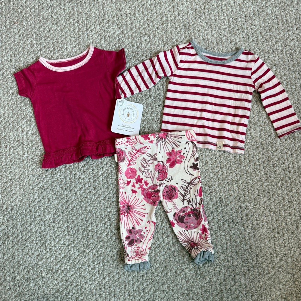 Burts Bees Baby 3pc Organic Cotton Set Stripe Floral Ruffle Size 0-3 Months